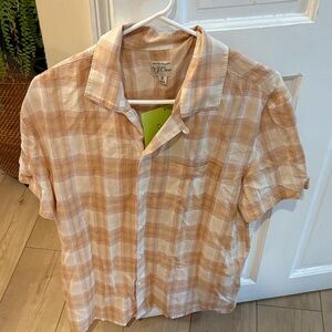 NWT J Crew Men’s Button Down Plaid Orange Tan White Dress Shirt Short Sleeves
